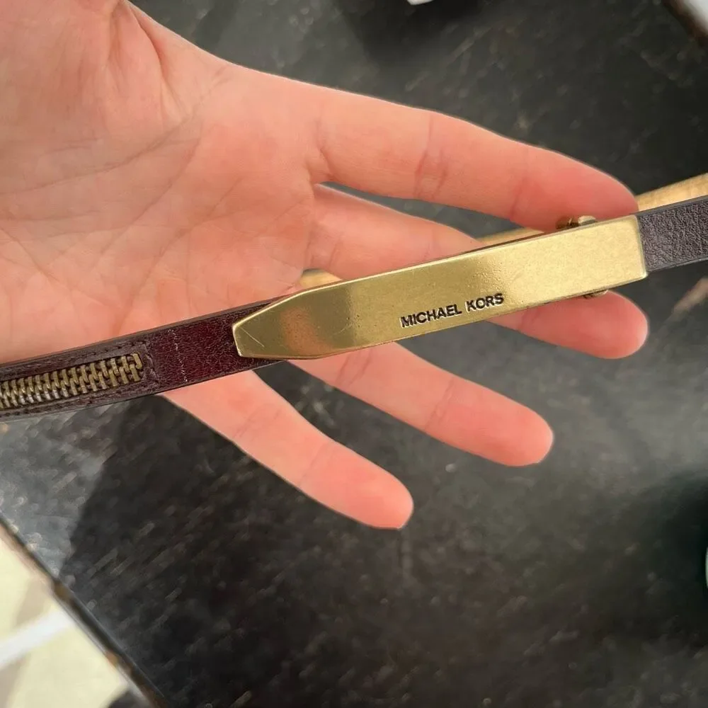VTG Y2K Michael Kors Brown Leather Skinny Belt w/ Zipper Detail Gold Buckle